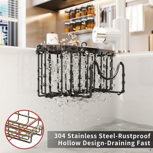 SWTYMIKI Movable Kitchen Sink Caddy - Stainless Steel Sponge Holder with M Shape Hook for Dish Sponge, Brush, Organizer
