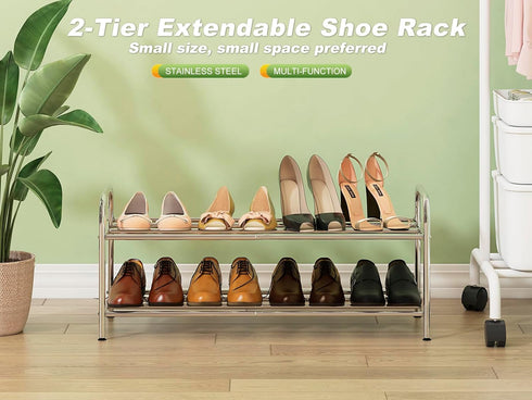 2-Tier 100% Steel,4-Rod Closet (15" 27", Expandable Shoe Rack - Stainless Extendable & Adjustable Feet | Simple