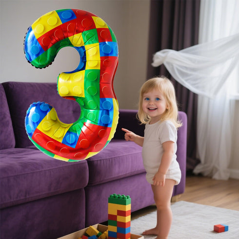Lmuwecno 32 Inch 3 3) Stackable Block Number Balloon Colorful Brick Building Themed Big Helium Digits for Kids Birthday