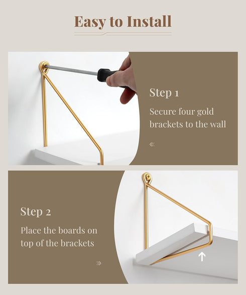 Set 2 Afuly Floating Shelves for Wall, Metallic Gold White Wall Mounted Shelves, Shelves for Bathroom Kitchen Bedroom