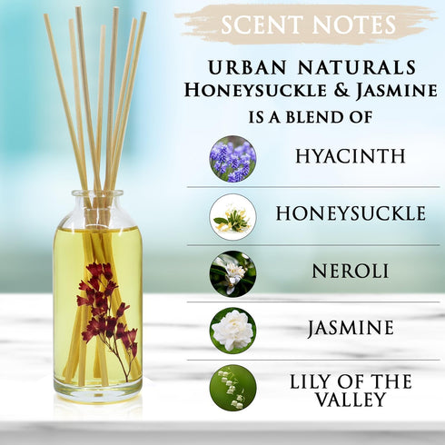 Urban Naturals Honeysuckle & Jasmine Reed Diffuser Oil Set - Long Lasting Air Freshener Made in USA
