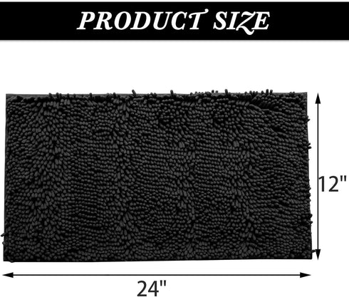 Non-Slip Bath Rug, Extra Soft Microfiber Bedroom Shag Carpet with Anti-Slip Backing, 12 x 24 Inches, Black