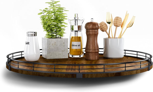 Farmhouse Oak 18" Lazy Susan Turntable Organizer, Round Wooden Storage for Dining Table, Pantry, Kitchen, Walnut Wood
