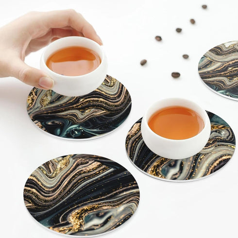 MINIOZE Set 6 Black Gold Marble Style Coasters of Coasters for Drinks Absorbent Double-Sided Leather PVC Coaster