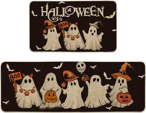 Artoid Mode Ghost Pumpkin Bat Black Halloween Kitchen Mats Set of 2, Low-Profile Kitchen Rugs for Floor - 17x29 and
