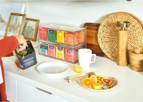 Counter, 4-Section iDesign XL Tea Bag Organizer for Clear Stackable Tea Storage Drawer for Cabinet