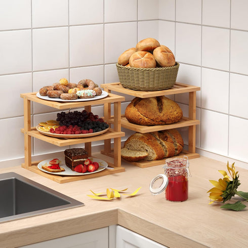 2 Pack Shelf,3 Bamboo Corner Tier Kitchen Cabinet Organizer for Plates and Dishes,Pantry Storage and Spice RackNatural