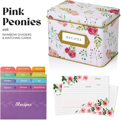 Jot & Mark Recipe Card Complete Gift Box | Decorative Pink Peonies Recipe Tin Box