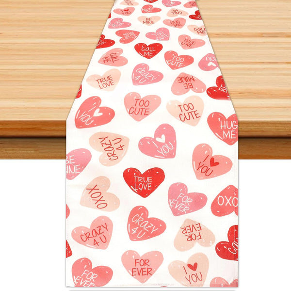 QIHOMPIB Valentine Table Runner(13x72 Inch) Red Pink Love Heart Pattern Coffee Table Decor