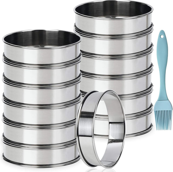 12 Pack 4 Inch Metal English Muffin Rings, Nonstick Pastry Mold, Stainless Steel with Silicone Brush
