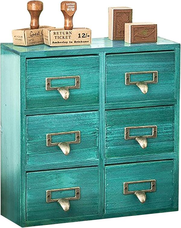 Vintage Card Catalog Drawers for Desktop, 6-Drawer Mini Wood Cabinet for Office Study Table, Teal Turquoise Organizer