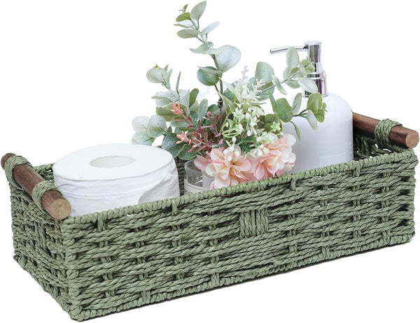 Round Paper Rope Storage Basket, Wicker Baskets for Organizing with Handle, Decorative Storage Bin for Toilet Paper,