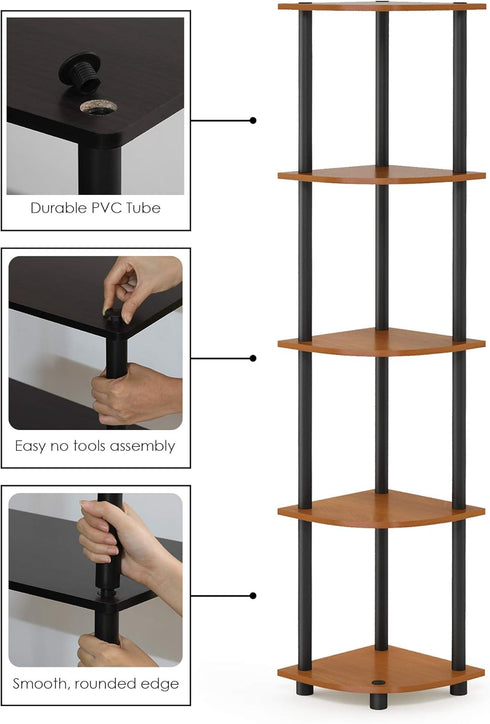 5-Tier Furinno TURN-N-TUBE Corner Shelf, Corner Bookshelf, Open Storage Shelves, for Organization and Storage, Living