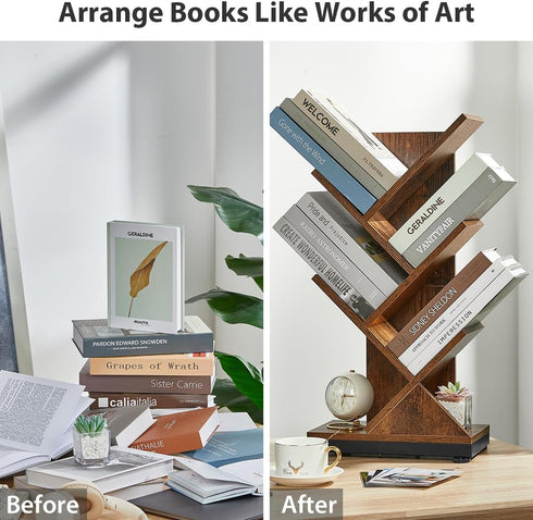 5 ruboka Tree Bookshelf,Retro Floor Standing Bookcase Display for CDs/Magazine/Books,Small Bookshelf for Bedroom,Living