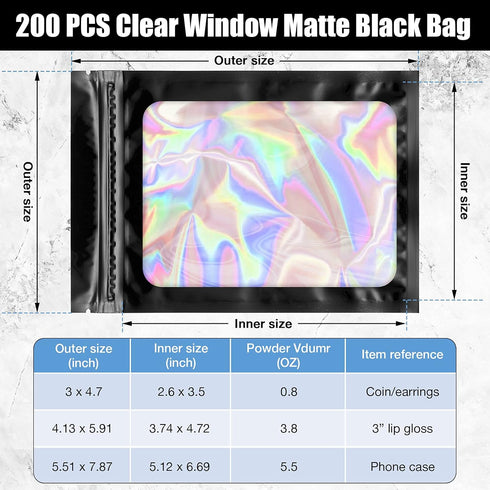 Marspark 200 Pieces Resealable Foil Bags, 3 x 4.7 Inch with Clear Window for Food Storage (Black)