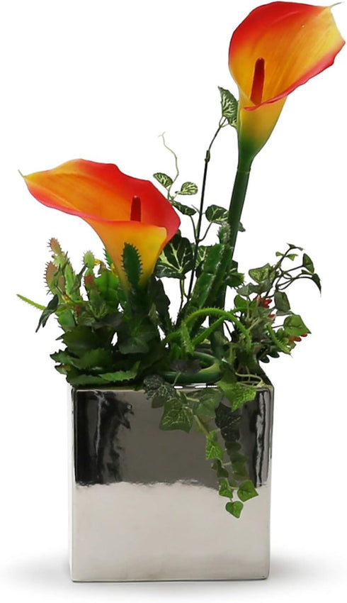 WGV Ceramic Cube Vase, 5.5" Width, 5" Height, Elegant Modern Block Floral Planter, Silver, 1 Piece
