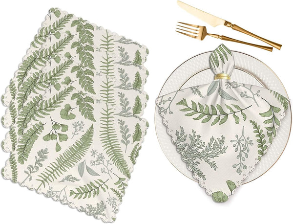 Leaves and Herbs Cloth Napkins Set of 4, Vintage Style Washable Dinner Napkins