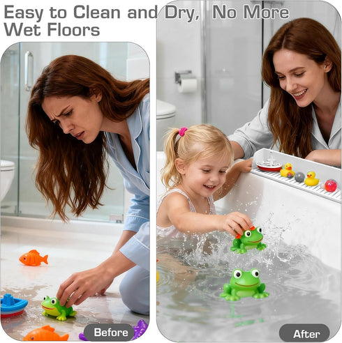 DubiLaka 31.5" Bathtub Splash Guard for Kids & Toddlers - Silicone Play Shelf & Toy Storage Tray with Strong Suction