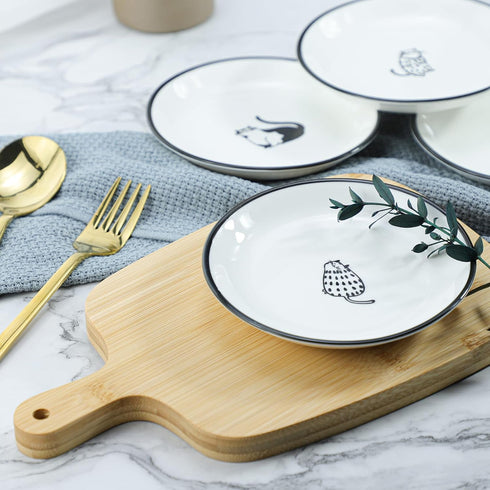 Cute Cartoon Gentleman and Dot Cat Ceramic Seasoning Dishes, Set of 4 Sauce Dish for Kitchen (5 Inch)