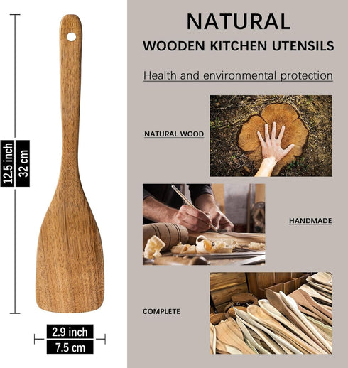 12.5inch Curved Wooden Spatula, Non-Scratch Wood Turner for Frying, Acacia Wooden Cooking Utensils for Non-Stick