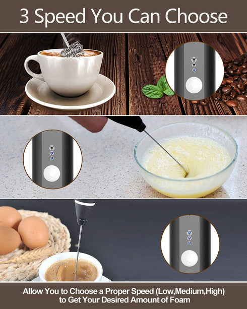 Rechargeable Electric Milk Frother, 3 Speeds Stainless Steel Whisk for Coffee, Cappuccino, Chocolate, Tea