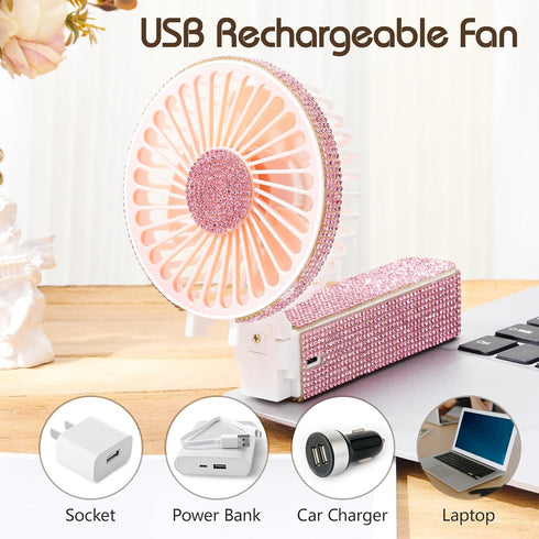 Mudder Crystal Bling Rhinestone Mini Handheld Fan, Portable USB Rechargeable, Battery Operated Small Folding Fan for