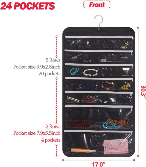 DIOMMELL Hanging Jewelry Organizer, 47 Pockets with Zipper for Earrings Necklace Bracelet Ring Accessory Storage Bag