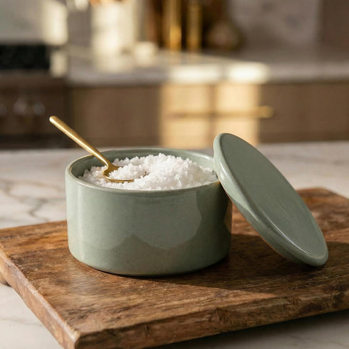 Countertop KIBAGA Beautiful Ceramic Salt Cellar with Lid - Spacious Container for Your Kitchen Keeps Salt Flakes Dry