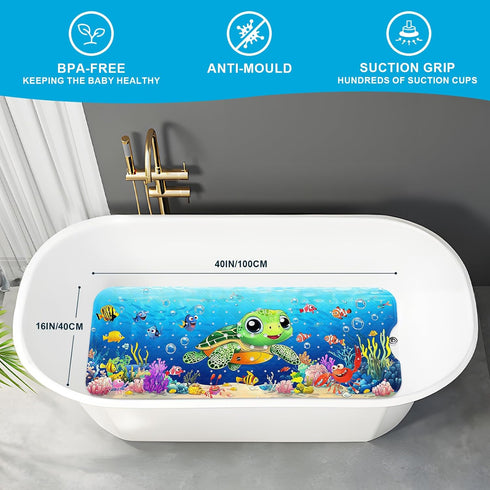 40''x16'' XIYUNTE Baby Bath Mat for Tub Non Slip Kids Bath Mat - Extra Long Cartoon Turtle Baby Bath Tub Mat