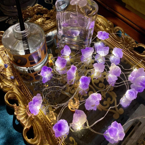Genuine Amethyst Crystal Decorative Lights, Cute Fairy String Lights 10ft with 30 Natural Stones and Remote