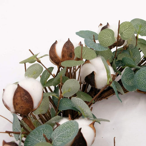 Idyllic Eucalyptus and Cotton Wreath, 14 Inches Artificial Decor for Farmhouse, Garden, Wedding, Natural Twig Base