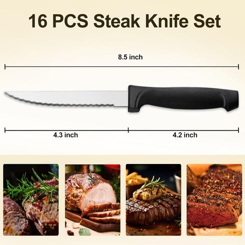 Pleafind 16-Pcs Steak Knives, 8.5 Inch Serrated Knives, Stainless Steel Steak Knives, Meat Knife for Table, Elegant Black Steak Knife Set for Home, Kitchen, Restaurant, Dishwasher Safe Steak Knives by Pleafind