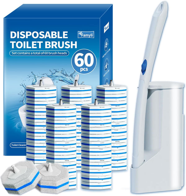 FAMYLI Disposable Toilet Brush Set with 60 Replacement Heads, Toilet Cleaning Replacement Pads,