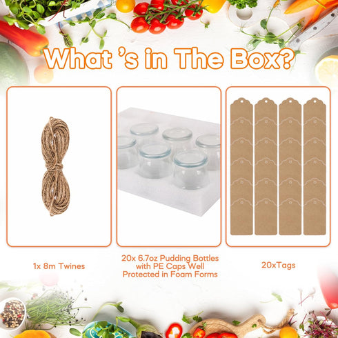 6.7oz 20Pack, (Set 20) Small Glass Jars Clear Glass Pudding Jars with PE Lids and Tags, Spice Jars/Glass Jelly