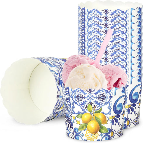 100Pcs Lemon Paper Baking Cups - Blue Yellow Scalloped Edge Cupcake Wrappers, Muffin Cases for Summer Party Supplies