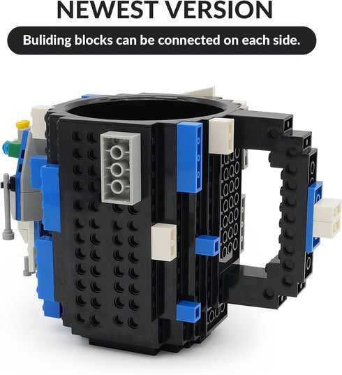 Build-on Brick Coffee Mug, Funny DIY Novelty Cup with Building Blocks for Kids, Men, Women, Xmas Birthday (Cool Black)