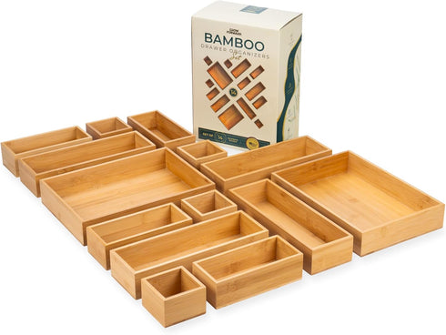 Grow Forward Bamboo Drawer Organizer Boxes, Set of 14 Wooden Organizers for Kitchen, Bathroom, Office