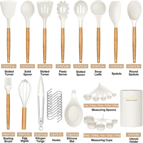 Kitchen Utensils Set, 33 pcs Non-Stick Silicone Cooking Utensils, Heat-Resistant Wooden Gadgets for Cooking, White