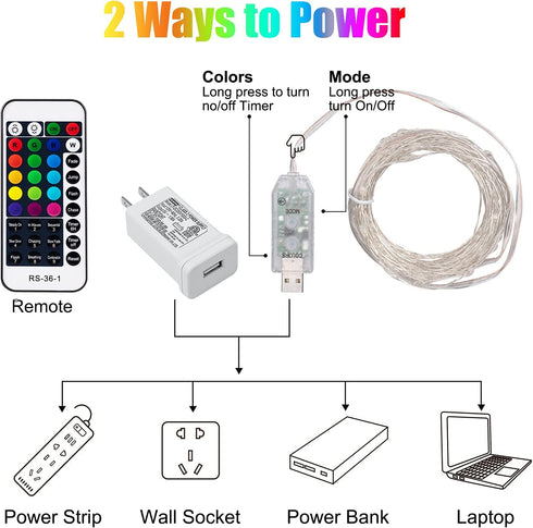Minetom Color Changing Fairy String Lights, 33 ft 100 LED USB Silver Wire Lights with Remote and Timer, 16 Colors