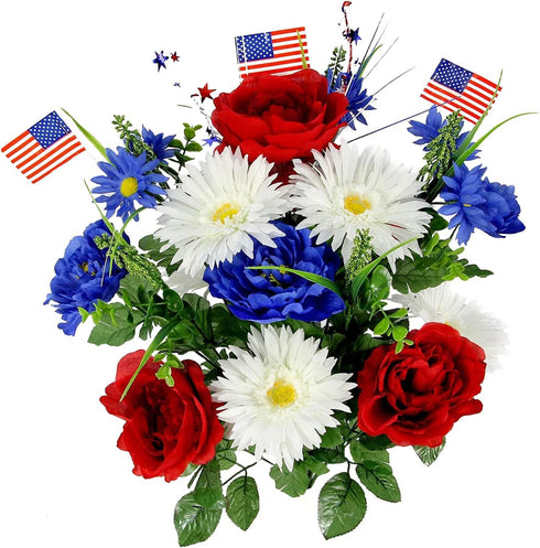 Admired By Nature Artificial Blooming Peony & Gerbera Daisy - 18 Stems with Small American Flags, Red/Blue/White
