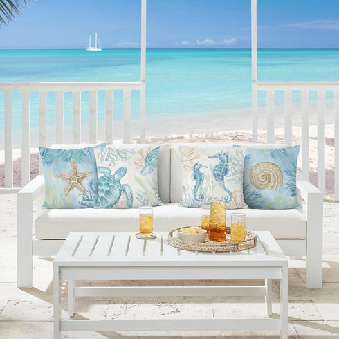 Bonhause Ocean Beach Throw Pillow Covers 20 x 20 Inch Seahorse Turtle Starfish Coastal Outdoor Decorative Pillows Soft Velvet Cushion Cases for Couch Sofa Bed Home Decor Set of 4