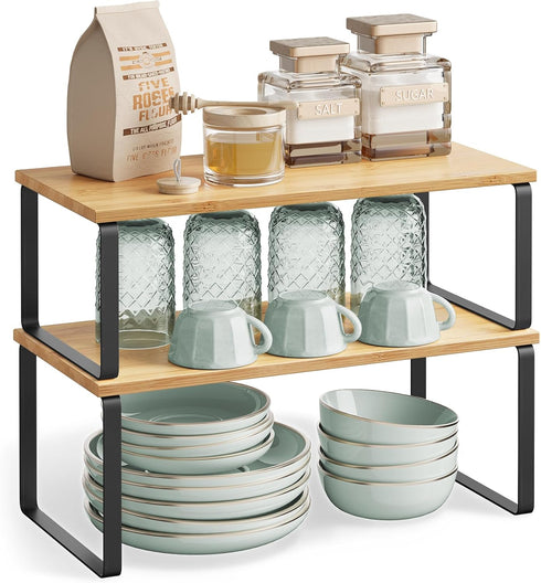 SONGMICS Kitchen Organizer Shelf Set of 2, Stackable Expandable Metal and Engineered Wood, Ink Black and Natural Beige