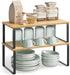SONGMICS Kitchen Organizer Shelf Set of 2, Stackable Expandable Metal and Engineered Wood, Ink Black and Natural Beige