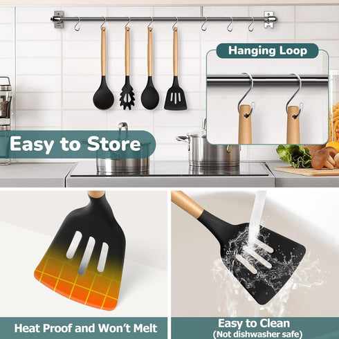 TeamFar Cooking Utensils Set of 7, Silicone Kitchen Tools with Wooden Handles, Heatproof for Non-stick Cookware