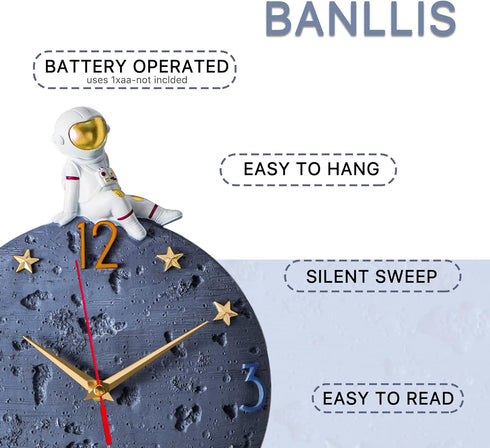 12 Inch Space Theme Wall Clock, Astronaut Moon Wall Clock, Grey Modern Silent Clock for Kids Room Nursery Living Room