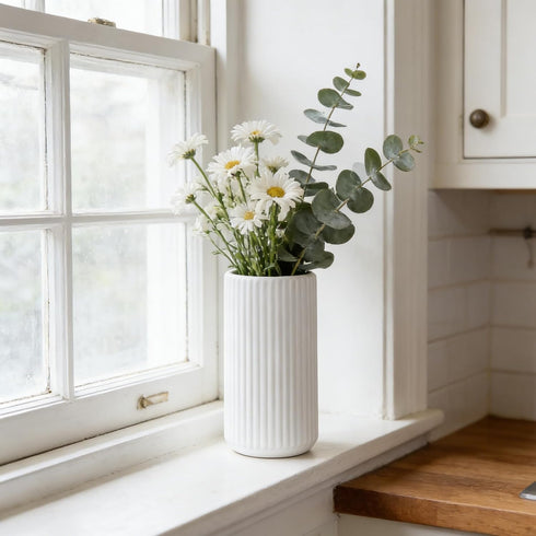 8 inch Countertop, White Ceramic Flower Vase for Pampas Grass, Small Decorative Centerpiece Ribbed Vase for Dining