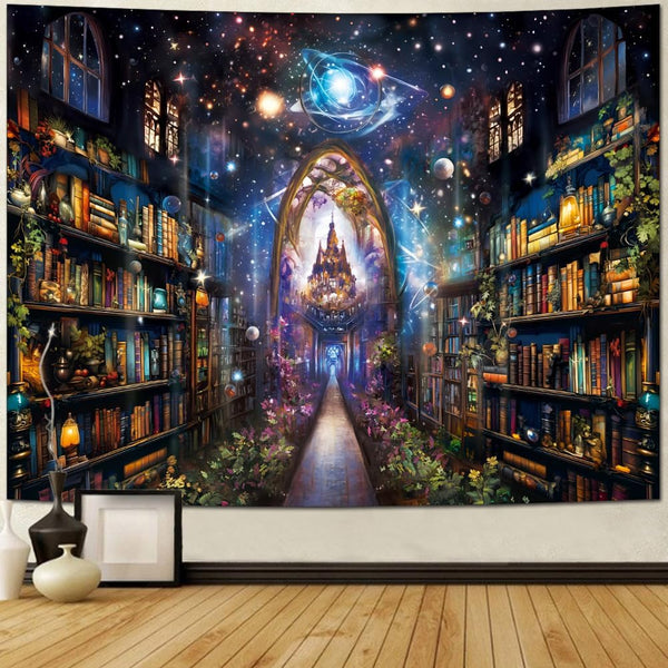 Heynvioo Mysterious Bookshelf Tapestry Galaxy Space Library Tapestry Fantasy Landscape Vintage Aesthetic