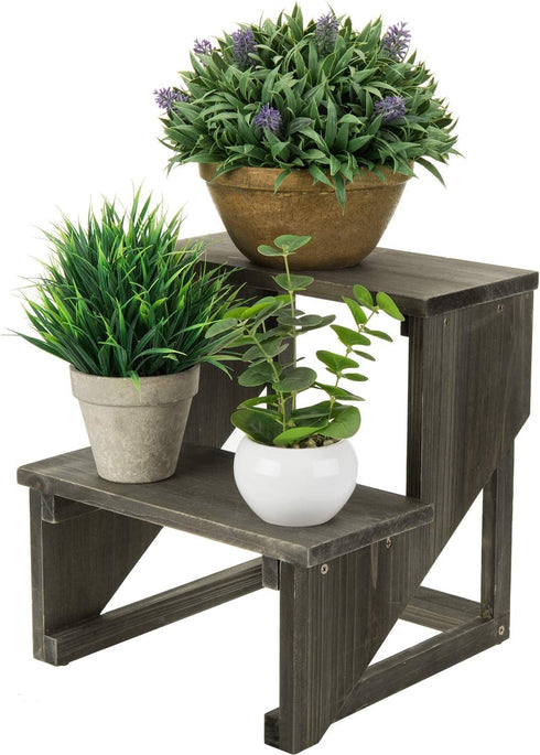 2 MyGift Tier Rustic Dark Gray Wood Desktop Plant Rack, Farmhouse Style Planter Stand, Desk Display Organizer, Standing