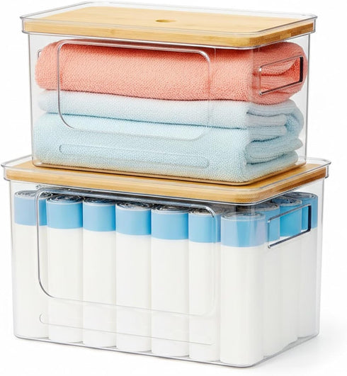 2-Pack Trash Bag Holder,Trash Bag Dispenser with Bamboo Lid, Stackable Acrylic Garbage