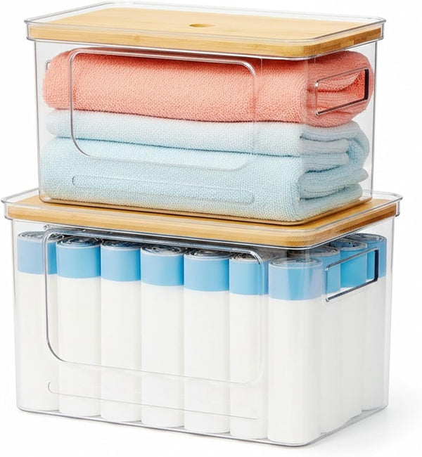 2-Pack Trash Bag Holder,Trash Bag Dispenser with Bamboo Lid, Stackable Acrylic Garbage